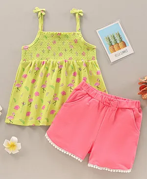 Babyhug Singlet Neck Top & Shorts Set Floral Print - Yellow Pink