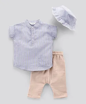 Bonfino Half Sleeves Striped Tee & Pant Set With Hat - Off White