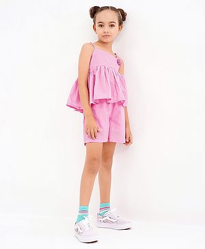 Primo Gino Singlet Sleeves Top with Floral Applique and Short Set - Solid - Pink