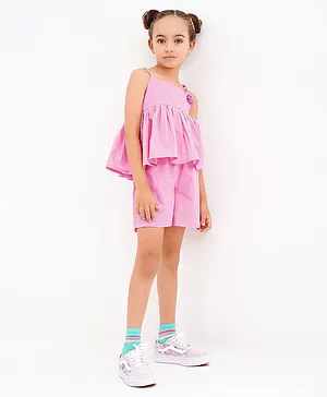 Primo Gino Singlet Sleeves Top with Floral Applique and Short Set - Solid - Pink