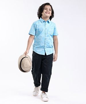 Pine Kids Half Sleeves Shirts Leaves Print - Blue