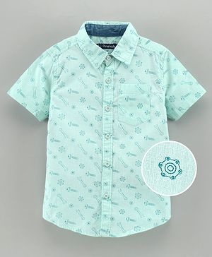 Pine Kids Half Sleeves Softener Wash Cotton Printed Shirt - Sea Green