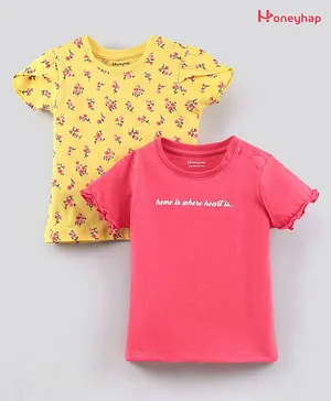 Honeyhap 100% Cotton Half Sleeves Tops with Silvadur Antimicrobial Finish Floral & Text Print Pack Of 2 - Yellow Pink
