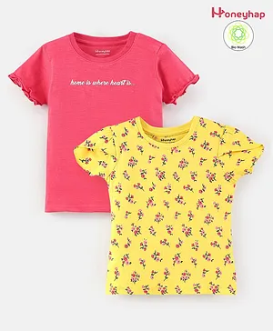 Honeyhap 100% Cotton Half Sleeves Tops with Silvadur Antimicrobial Finish Floral & Text Print Pack Of 2 - Yellow Pink
