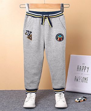 Babyhug Full Length Cotton Ribbed Waist Lounge Pant with Badges - Grey