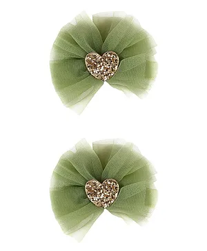 Aye Candy Pair Of Heart Centre Tulle Bows Alligator Clips - Green