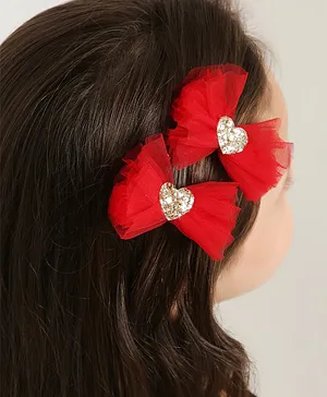Aye Candy Pair Of Heart Centre Tulle Bows Alligator Clips - Red