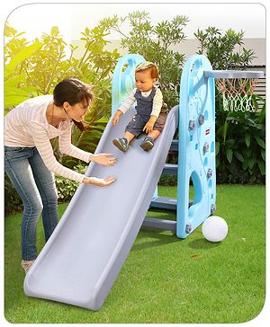Babyhug 2 in 1 Giraffe Slide with Basket Ball Hoop - Blue and Grey