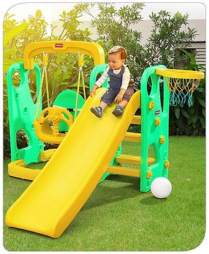 Babyhug 3-in-1 Swing And Slide With Basketball Hoop -Green & Yellow | Safe Swing Smooth Slide & Hoop In One | Group Play Sessions Outdoors |  Encourages Teamwork, Builds Coordination | BIS Certified