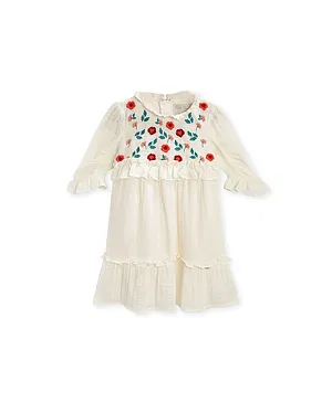 Cherry Crumble By Nitt Hyman 3/4Th Sleeves Knee Length Embroidered Floral Breezy Dress - Cream