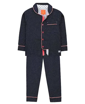 Cherry Crumble By Nitt Hyman Full Sleeves Full Length Printed Polka Dots Night Suit - Navy Blue