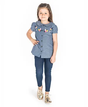 Cherry Crumble By Nitt Hyman Short Sleeves Flower Embroidery Top - Blue