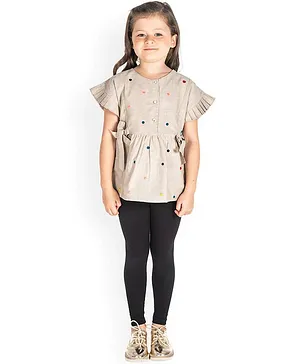 Cherry Crumble By Nitt Hyman Half Sleeves Dots Embroidery Top - Beige