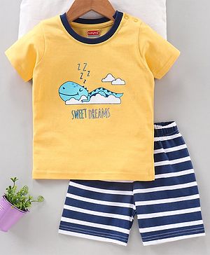 Babyhug Half Sleeves Shorts Night Suit Dino Print - Yellow