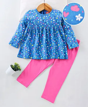 Babyhug Full Sleeves Night Suit Hearts Print - Blue Pink