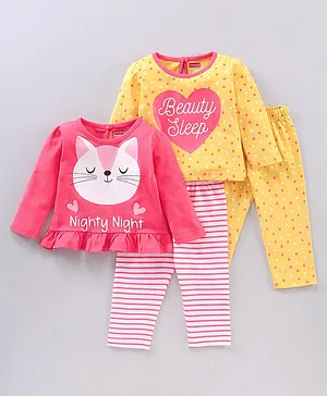 Babyhug Printed Full Sleeves Night Suit Pack of 2 - Pink Yellow