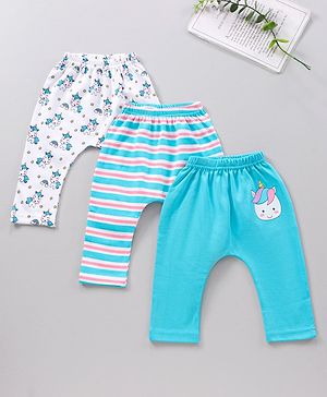 Babyhug Full Length Cotton Knit Diaper Leggings Striped And Unicorn Print Pack Of 3 - Blue White