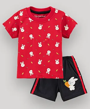 Little Darlings Half Sleeves T-Shirt and Shorts Set Bunny Print - Red Black