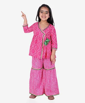 BownBee Full Sleeves Block Print Ethnic Angrakha Kurta With Sharara - Pink