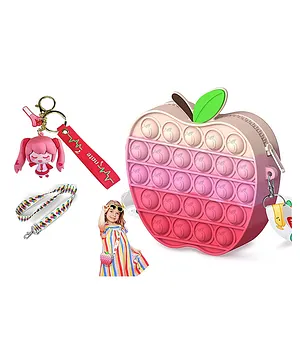 FunBlast Stress Relieving Silicone Apple Shaped Pop It Fidget Toy Sling Bag with Key Chain - Pink