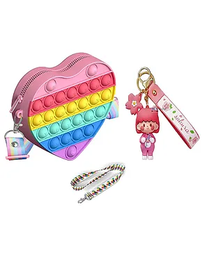 FunBlast Stress Relieving Silicone Heart Shaped Pop It Fidget Toy Sling Bag with Key Chain - Multicolor