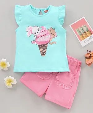 Babyhug Frill Sleeves Top & Shorts Set Ice Cream Print- Blue Pink