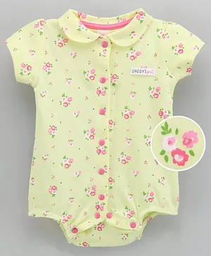 Baby Naturelle & Me Half Sleeves Romper Floral Print & Text Patch - Light Yellow