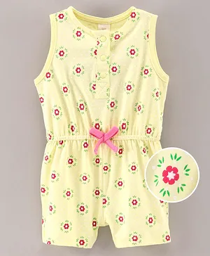 Baby Naturelle & Me Sleeveless Jumpsuit Floral Print & Bow Applique - Light Yellow