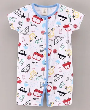 Baby Naturelle & Me Half Sleeves Rompers Cars Print - Blue White