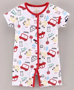 Baby Naturelle & Me Half Sleeves Rompers Cars Print - Red White