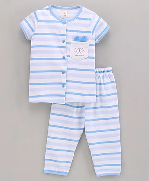 Baby Naturelle & Me Stripe Half Sleeves Night Suit Bear Print - White Light Blue