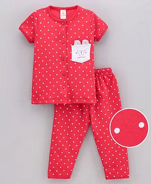 Baby Naturelle & Me Half Sleeves Night Suit Polka Print with Ears Applique - Red