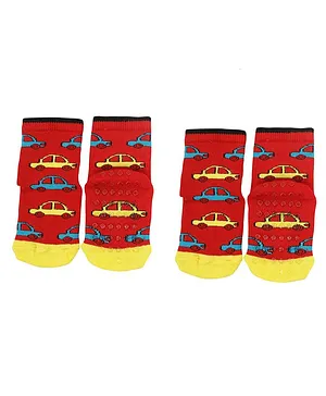 NOFALL Pack Of 2 Cars Design Anti Skid Ankle Length Socks - Red & Yellow