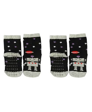 Pack Of 2 Robot And Stars Design Antiskid Ankle Length Socks - Black