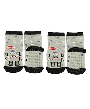 NOFALL Pack Of 2 Robot And Stars Design Antiskid Ankle Length Socks - Light Grey