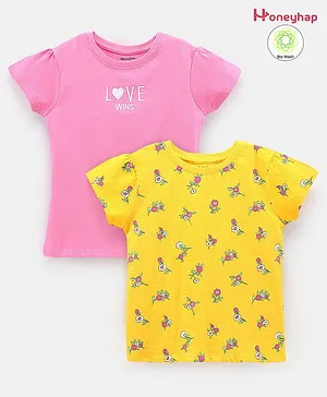 Honeyhap Half Sleeves Top With Antimicrobial Silvadur Finish Floral Print Pack of 2 - Pink Yellow