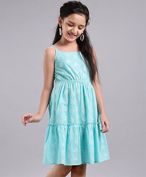 Pine Kids Singlet Sleeves Ethnic Dress with Mask Printed - Turquoise