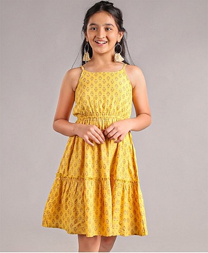 Pine Kids Singlet Sleeves Ethnic Dress with Floral Print and Mask - Yellow