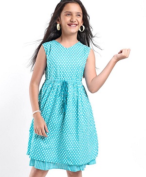 Pine Kids Sleeveless Printed Ethnic Dress- Blue
