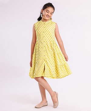 Pine Kids Sleeveless Printed Ethnic Dress - Lime Yellow
