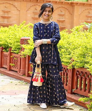 Pine Kids Three Fourth Sleeves Kurti & Sharara Set With Dupatta Ethnic Print - Navy Blue