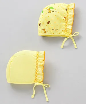 Babyhug 100% Cotton Caps With Knot Pack of 2 - Yellow