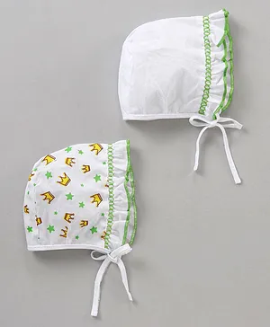 Babyhug 100% Cotton Printed Baby Caps With Knot White Pack of 2 - Diameter 9 cm