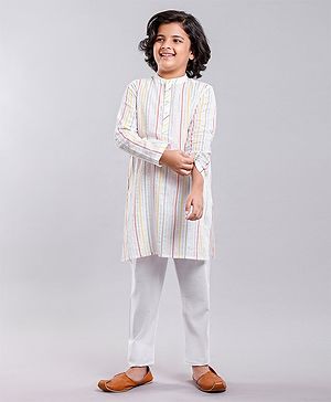 Pine Kids Full Sleeves Striped Kurta & Pyjama Set- White