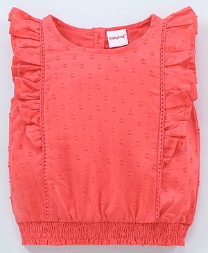 Babyhug Sleeveless Swiss Dot Solid Top With Smocking & Frill Detailing - Red