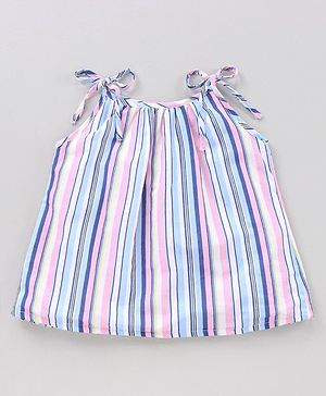 Babyhug Singlet Sleeves Cotton Cambric Printed Striped Woven Top - Multicolour