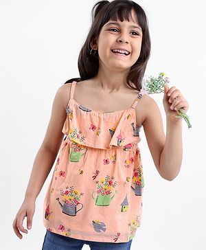 Babyhug Singlet Sleeves Rayon Woven Top With All Over Print - Peach