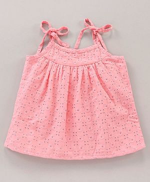 Babyhug Singlet Hakoba Embroidered Top With Gathers And Tie-Up Knot- Pink