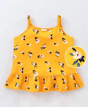 Babyhug Singlet Top With Frill Detailing Foral Print - Yellow