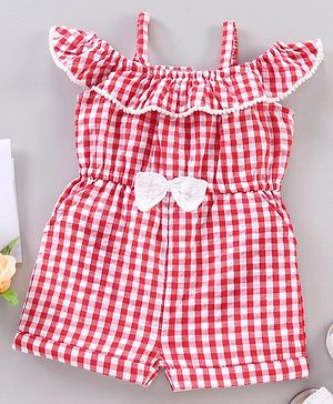 Babyhug 100% Cotton Off Shoulder Sleeves Jumpsuit Checks Print - Red